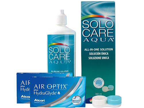 Lentillas Air Optix Plus HydraGlyde + Solo Care Aqua - Packs