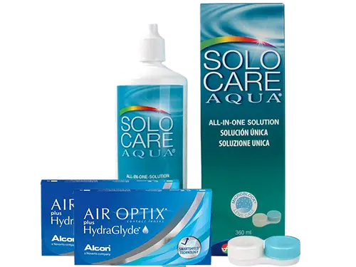 Lentillas Air Optix Plus HydraGlyde + Solo Care Aqua - Packs