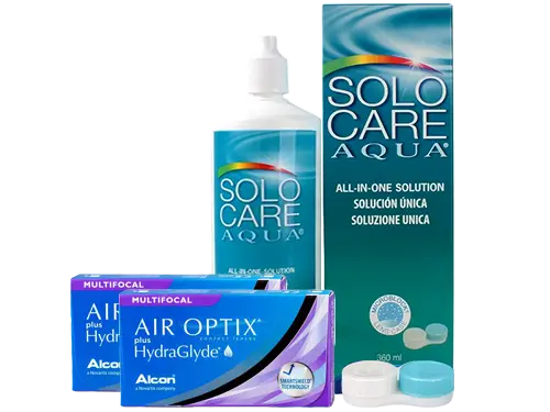 Lentillas Air Optix Plus HydraGlyde Multifocal + Solo Care Aqua - Packs